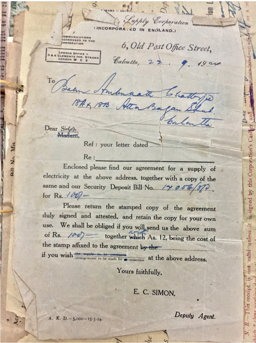 Figure 1: Receipt for deposit, 22 September 1920. Used with permission from Mr Achintya Nath Chatterjee, 18B Chandi Bari Street, Kolkata.