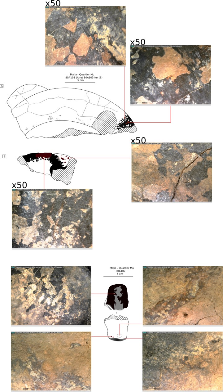 Fig.12: Carbon deposits on the two pedestalled lamps found within the Potter’s workshop (80A103 ; 80A106). These use-wear traces provide information regarding the use of the lamps, perhaps for the potter’s production. Their shininess is due to a thin layer of engobe.