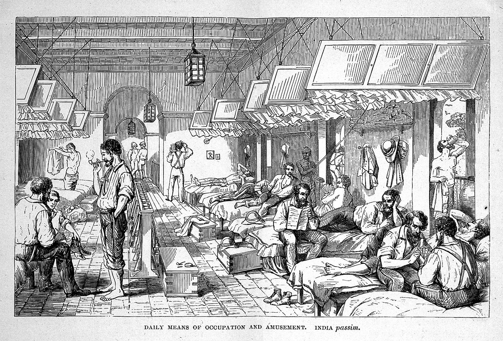 •	Fig. 4: Illumination of British Troops Barracks in India, n.d. The British Army at rest in their barracks; Wellcome Collection (2018-04-03): https://wellcomecollection.org/works/x9t2xex9; CC-BY.