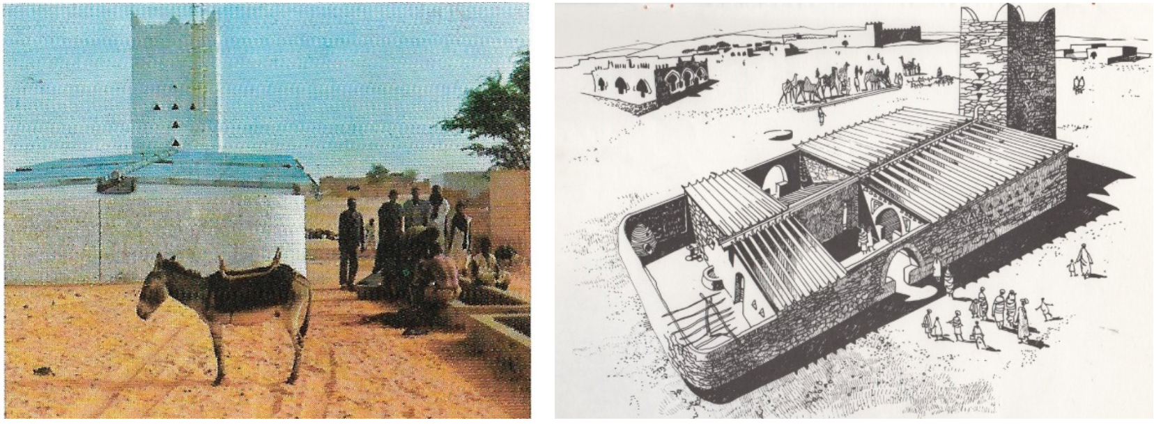 Figure 4 : Dessin et photographie de la pompe solaire de la ville de Chinguetti. Source : Archives privées de Bertrand Châtel.