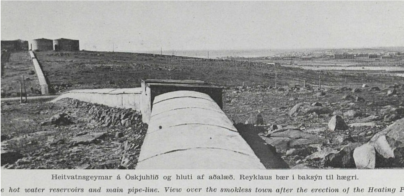 Figure 3: The main pipeline, storage tanks and “smokeless” Reykjavík. Source: Icelandic National Library, Helgi Sigurðsson, “Hitaveita Reykjavíkur”, Tímarit VFÍ, vol. 32 , n° 2, 1947. Url: https://timarit.is/page/5457290?iabr=on (accessed 06/07/2021).
