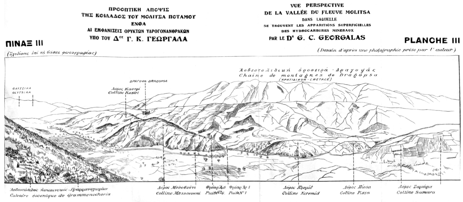 Figure 3: The valley of the Molitsa River as depicted by Georgalas “on the basis of a photograph”, that was presumably taken during his 1920 trip with C. Niculescu. Dragopsa village appears to the upper middle and left. Source: Georgios Georgalas, Αι εν Ηπείρω εμφανίσεις ορυκτών υδρογονανθράκων και αι επ’ αυτών ερευνητικαί εργασίαι [The Mineral Hydrocarbons in Epirus and research work thereon] (Athens: Ipourgeion Ethnikis Oikonomias, 1922), table II.