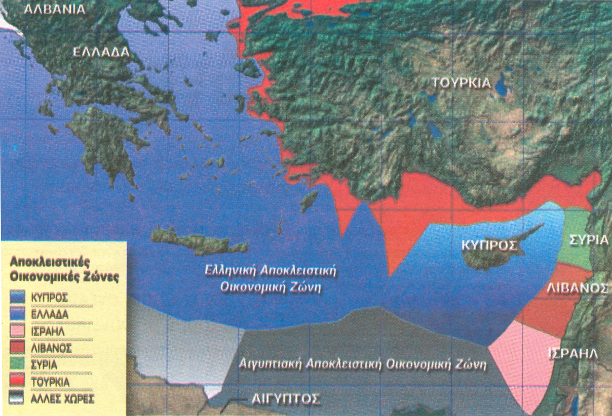 Figure 5: A typical depiction of the (supposed) Greek “EEZ” in 2011. The island of Kastellorizo lies to the east of Rhodes and is not visible due to the scale of the map and its miniscule size. According to the Greek Press, its mere existence was enough to connect the Greek “EEZ” with the Cypriot one. Source: Eleftherotypia newspaper, 9 January 2011.