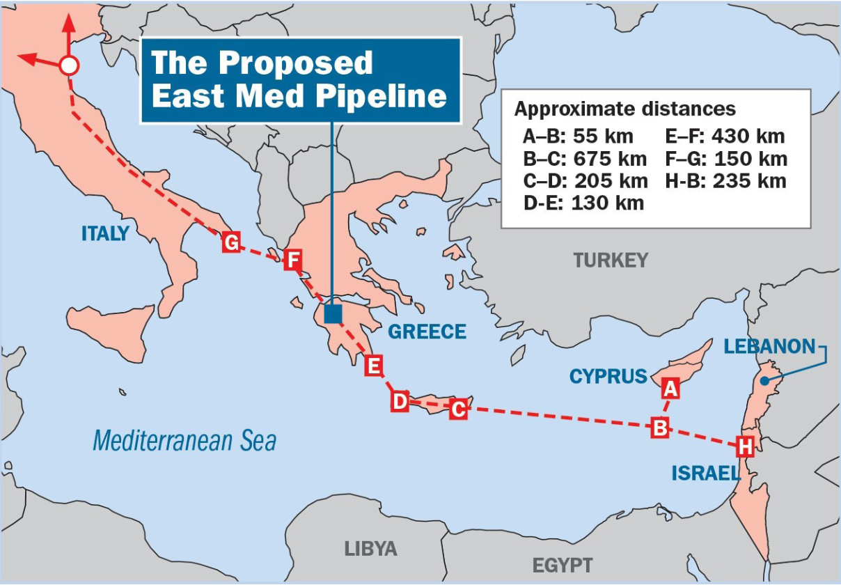 Figure 6: The proposed East med pipeline. Source: Anonymous, “Μπαίνουν οι υπογραφές για EastMed: Τα πλεονεκτήματα και η συμμαχία που... τρελαίνει τον Ερντογάν” [Signatures for EastMed: the advantages and the alliance that drives Erdogan crazy], Hellas Journal, 1/1/2020. Url: https://hellasjournal. com/2020/01/benoun-i-ipografes-gia-eastmed-ta-pleonektimata-ke-i-simmachia-pou-treleni- ton-erntogan/ (accessed 17/3/2023).
