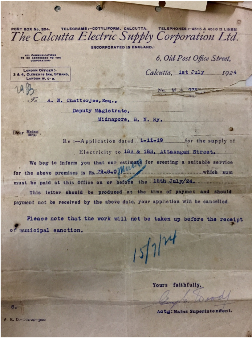 Figure 2: Approval of application for electric supply, 15 July 1924. Used with permission from Mr Achintya Nath Chatterjee, 18B Chandi Bari Street, Kolkata.