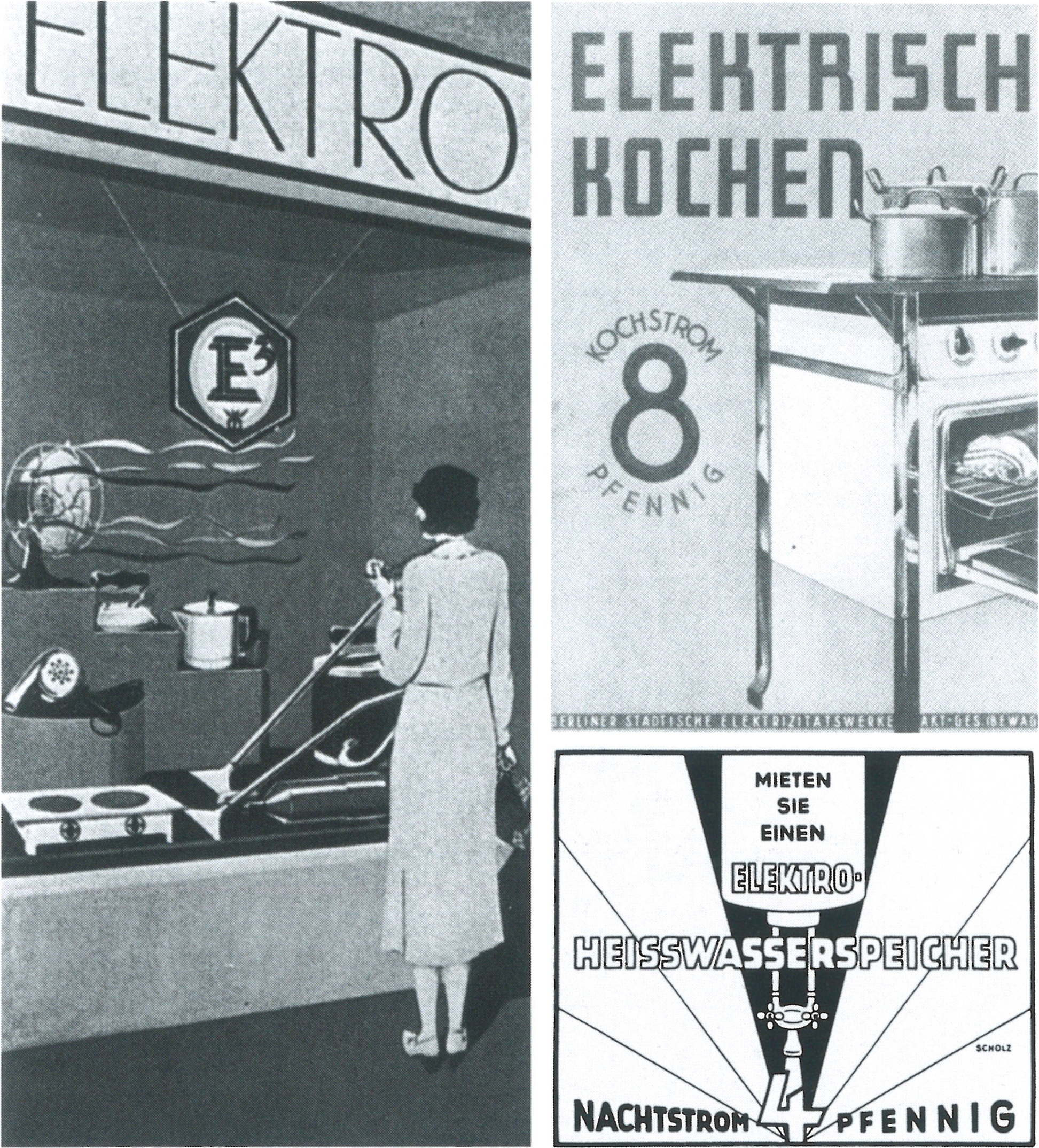 Figure 4: Adverts of the Berlin power utility Bewag, announcing the Elektrissima (E3) scheme and cheap night-time tariffs. Source: Berliner Kraft- und Licht(Bewag)-Aktiengesellschaft, 100 Jahre Strom für Berlin, year 1932. Copyright: Bewag/Vattenfall.